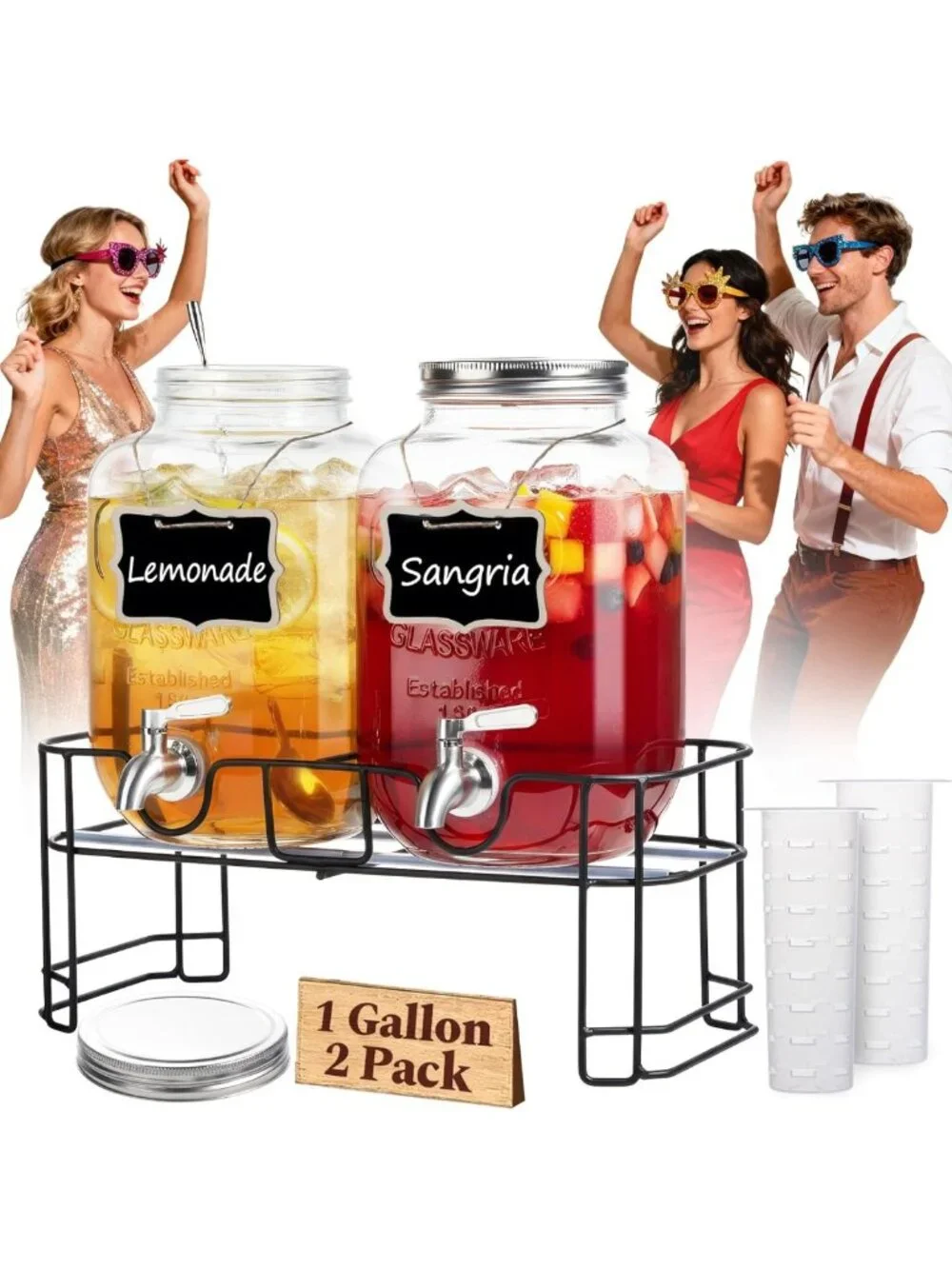 2 Pack 1 Gallon Glass Drink Dispensers with Stand & Stainless Steel Spigot